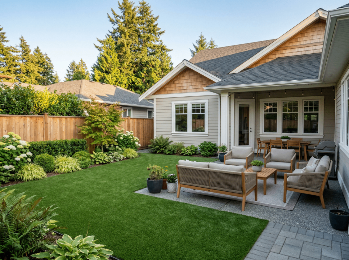 Cottage-style backyard with artificial turf, patio furniture and cedar fence