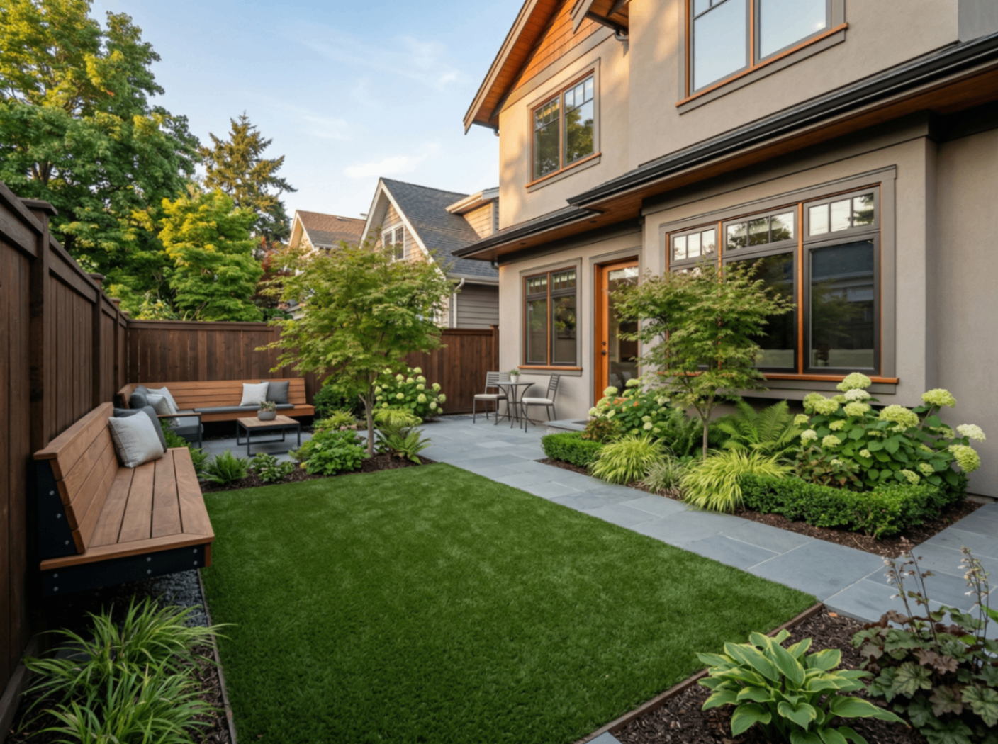 Backyard artificial turf lawn beside a craftsman home with patio and Japanese maples