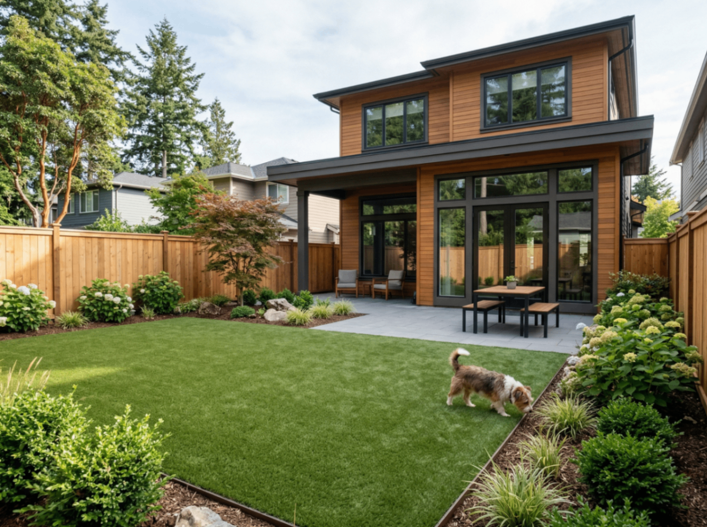 Modern backyard with a dog running on new artificial turf