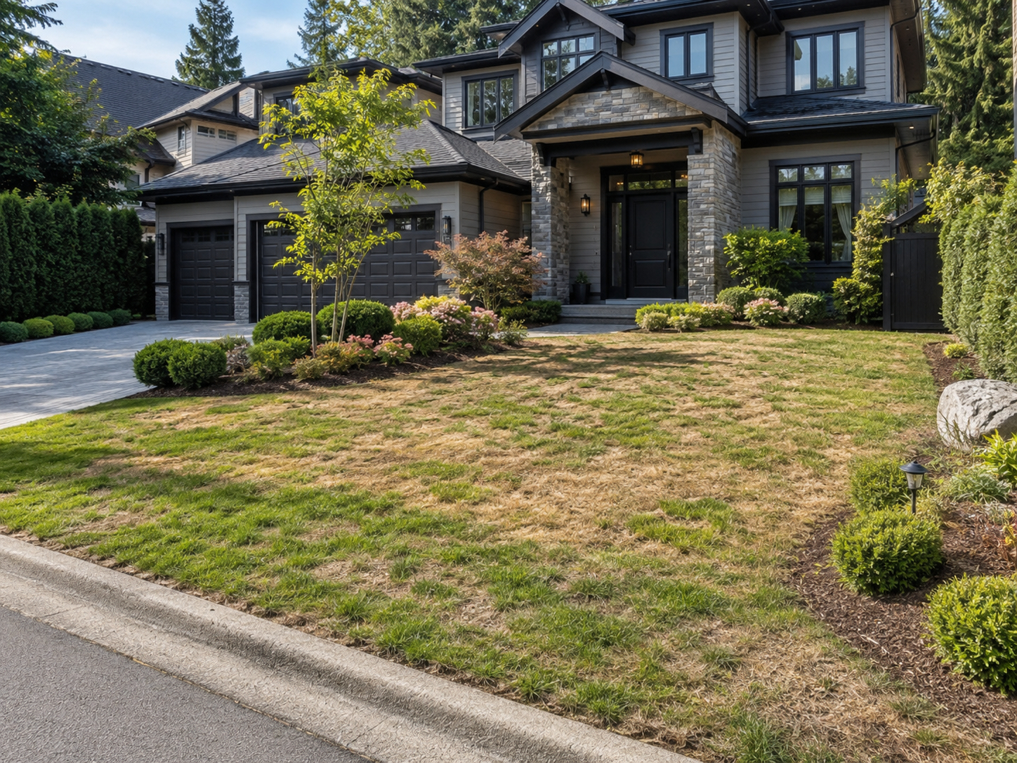 Front yard with patchy, dying natural grass before Premium Grass Blades install