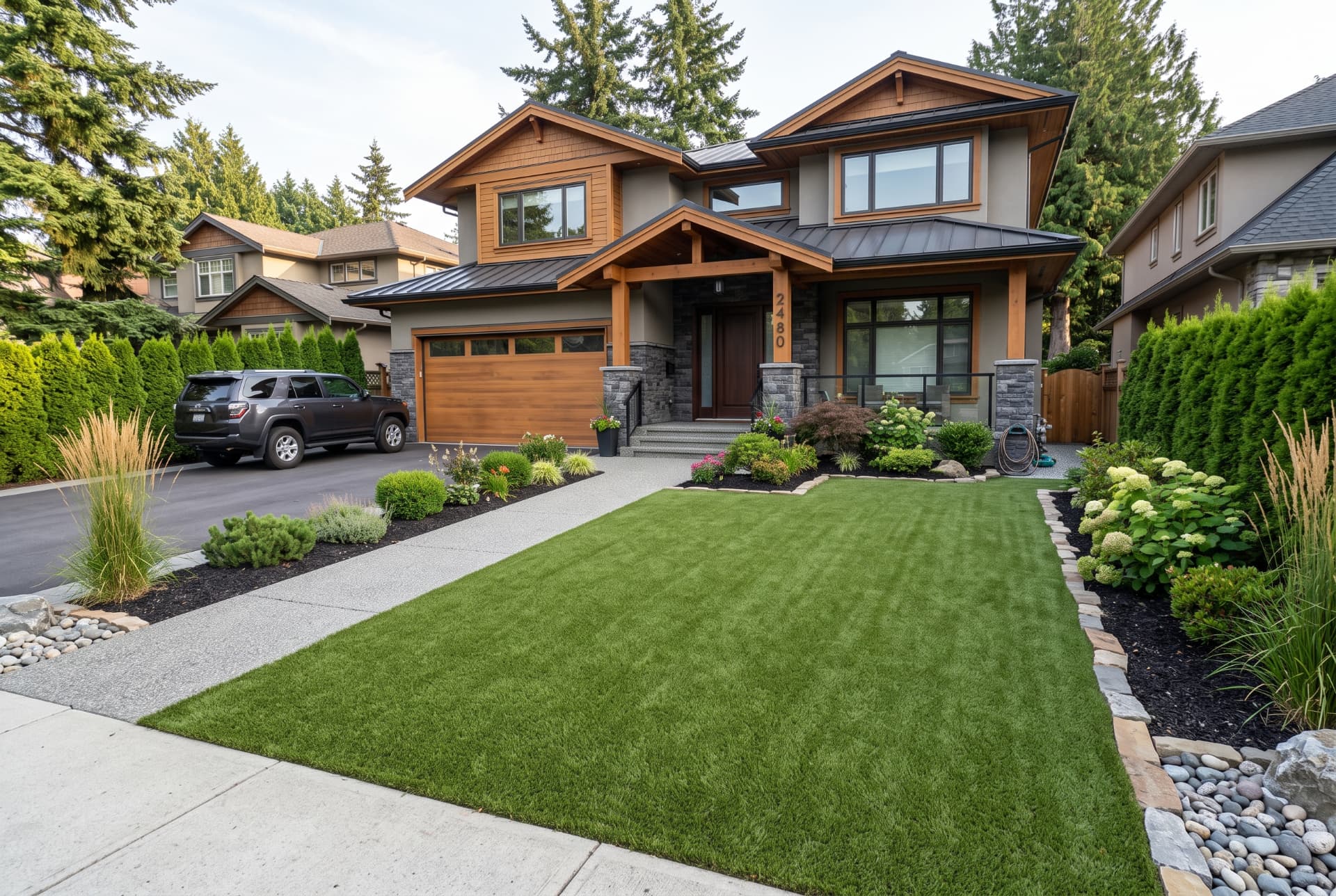 Front yard artificial turf install with craftsman home
