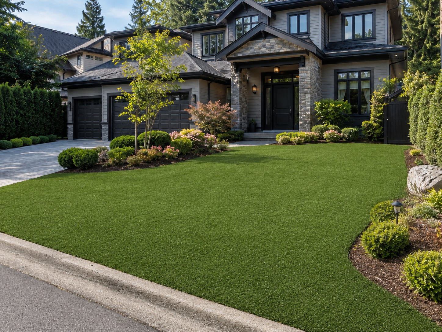 Same front yard transformed with lush Premium Grass Blades artificial turf