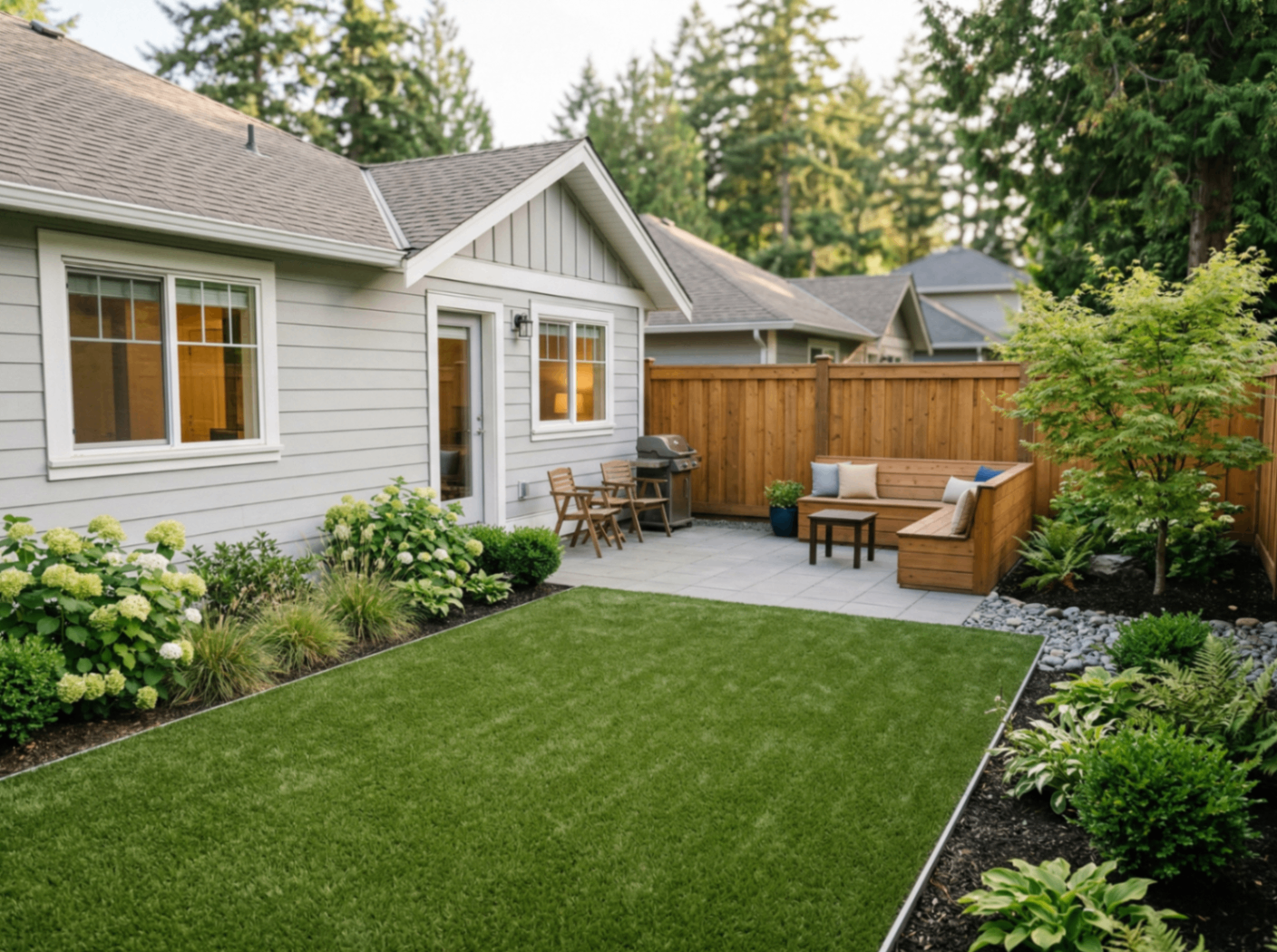 White cottage backyard with tidy artificial turf and cedar privacy fence