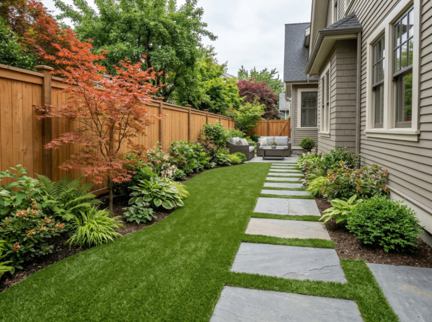Side-yard artificial turf runner with stepping stones between garden beds