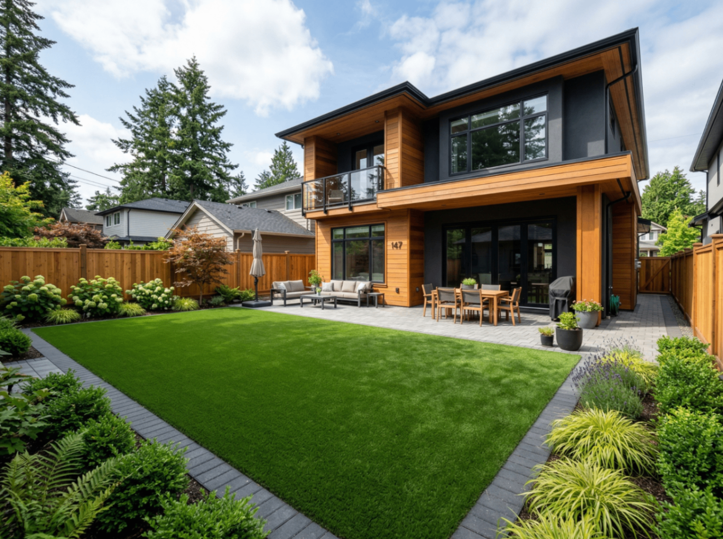 Modern cedar-clad two-storey home with a large rectangular artificial turf backyard