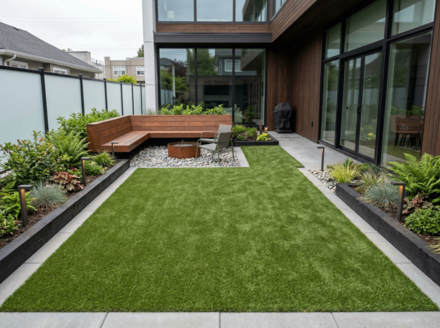 Modern courtyard patio with artificial turf, fire bowl and glass privacy fence