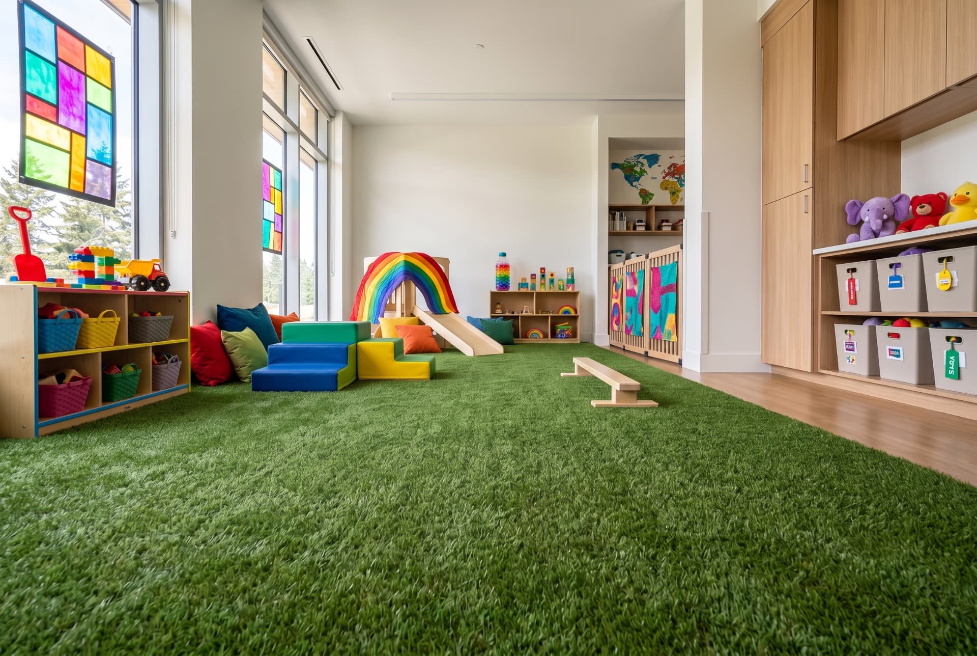 Daycare playground surfaced with soft artificial turf