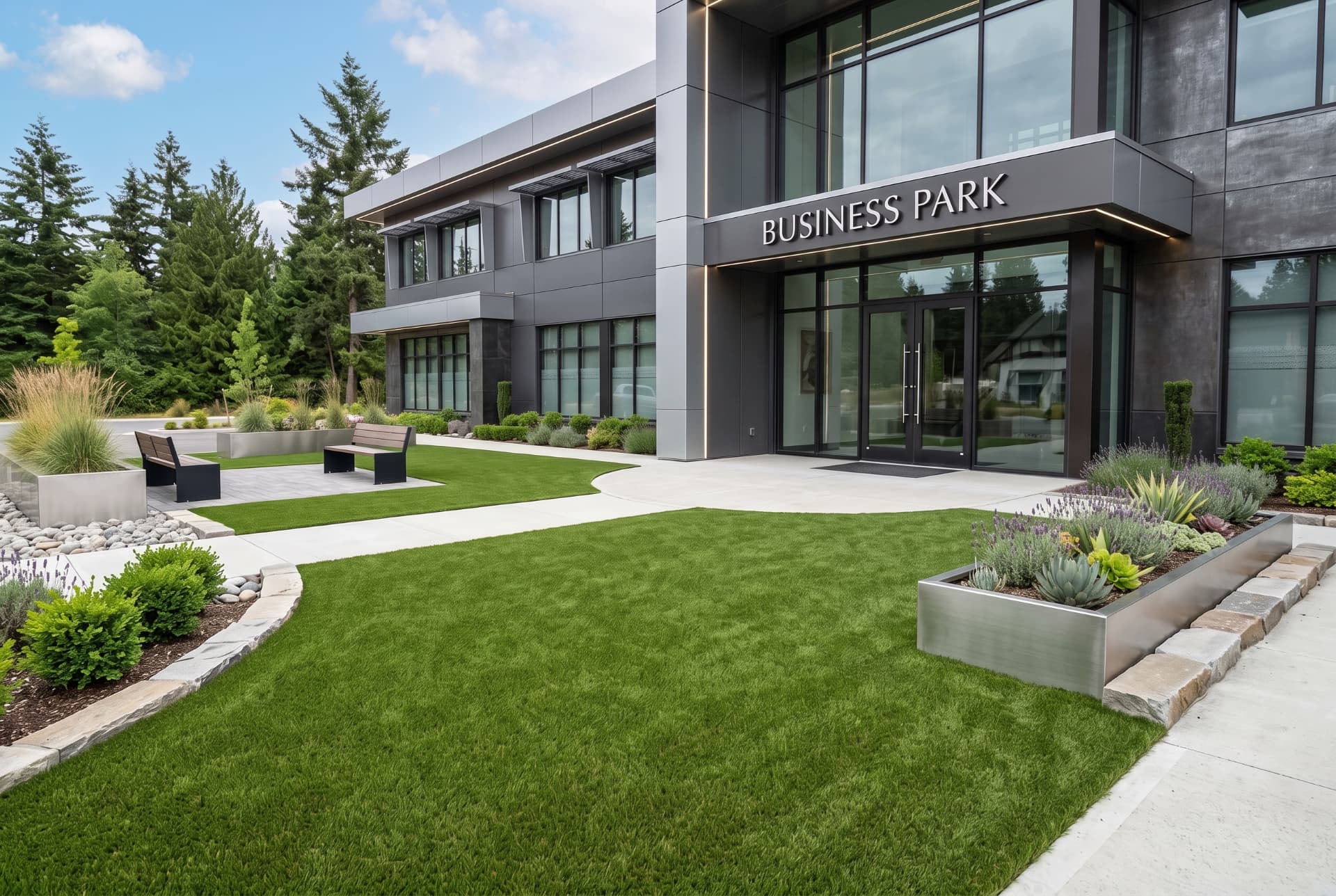 Commercial property entrance landscaped with artificial turf