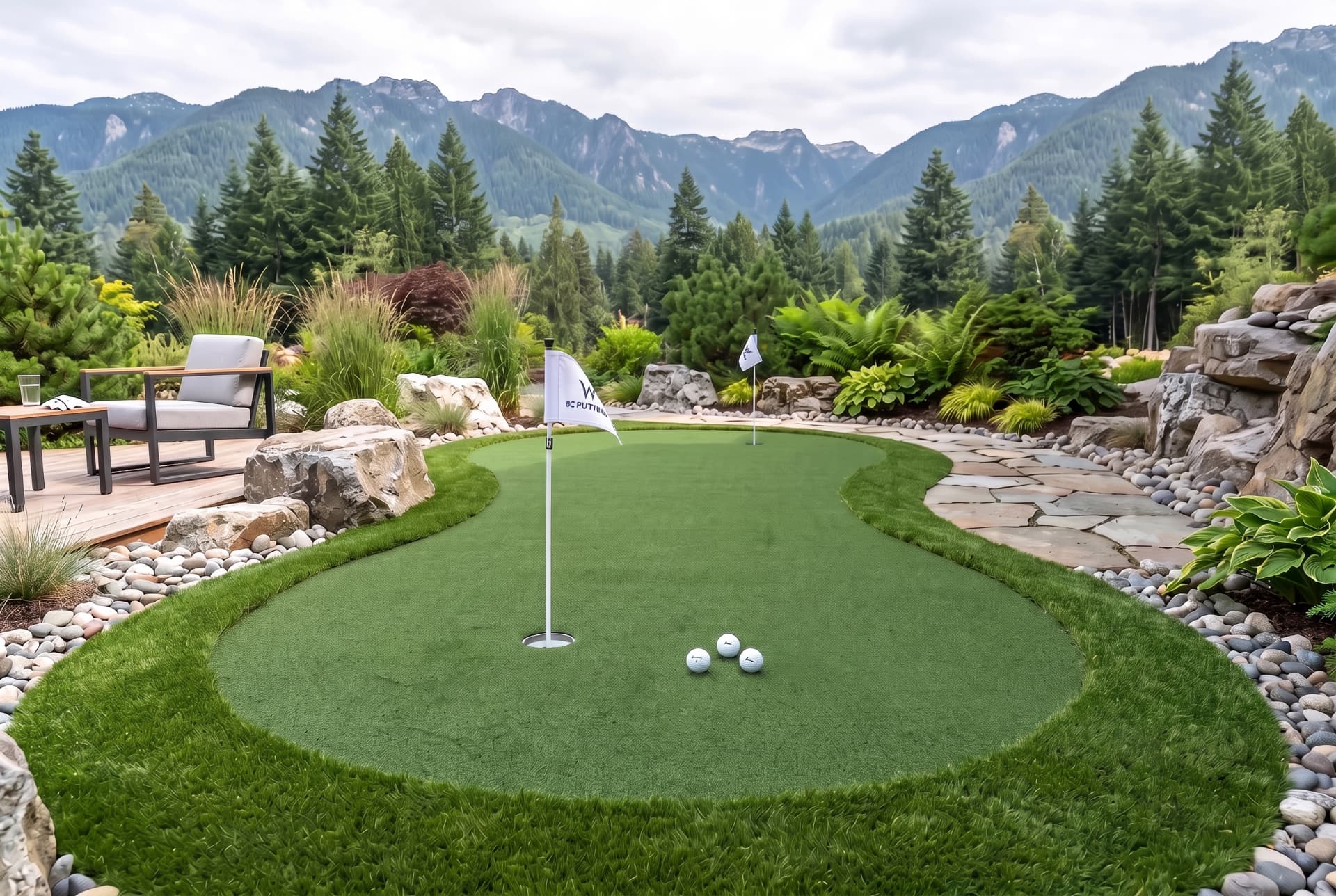 Backyard artificial turf putting green with flag