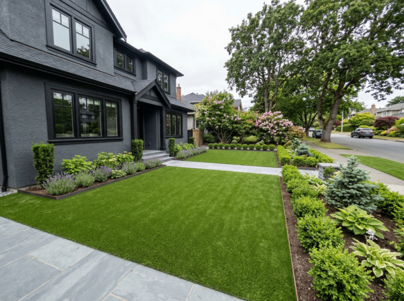 Dark modern home with a fresh artificial turf front lawn and manicured hedges