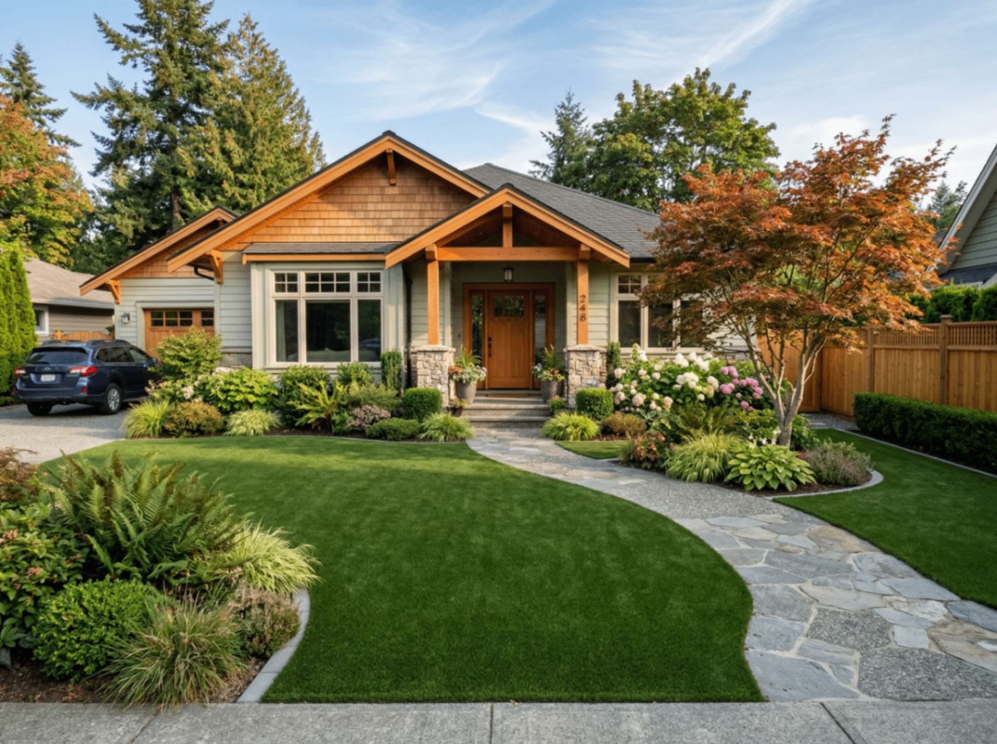 Craftsman home with a curved artificial turf front lawn and flagstone path